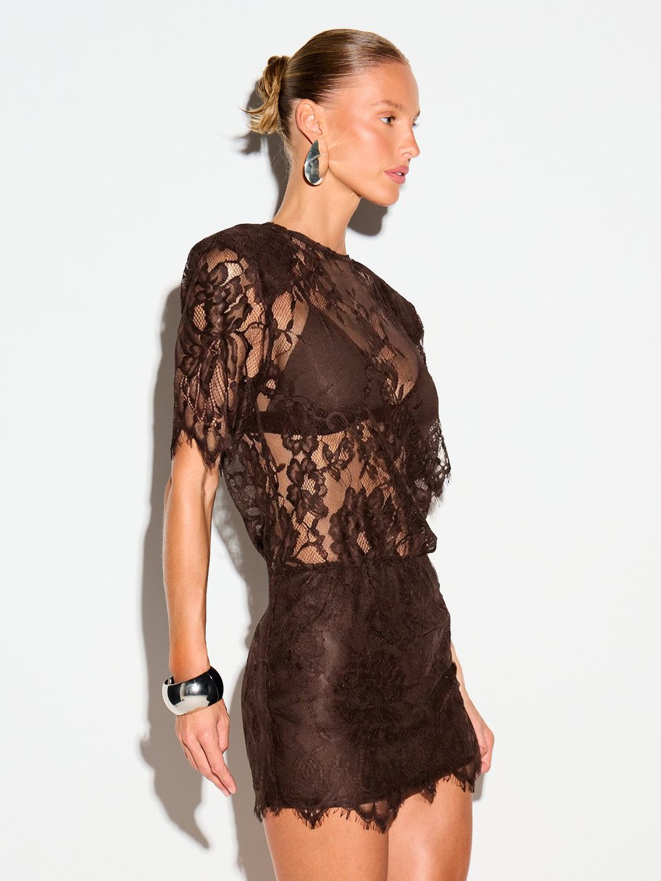 KIZN Sheer Floral Lace Mini Dress With Scalloped Hem