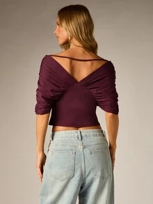 AiiRZ Off-Shoulder Ruched Sleeve Crop Blouse With V-Neck And Draped Detail Perfect For Date Night And Fall Winter Occasions - Burgundy - View 2