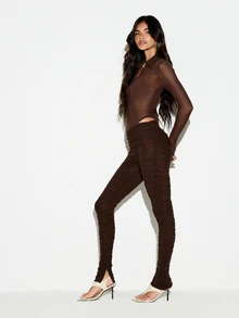 KIZN Legging Jala Berkerut Pinggang Tinggi dengan Detail Belahan di Pergelangan Kaki, Panjang Penuh, Potongan Ketat, Model Stirrup, untuk Pesta Musim Gugur dan Musim Dingin - Coffee Brown - View 5