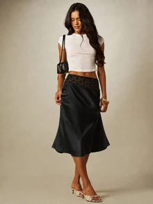 MISSGUIDED Satin Midi Skirt With Lace Waistband Bias Cut Flowy A-Line Silhouette Elegant Evening Date Night Spring Summer Style - Black - View 4