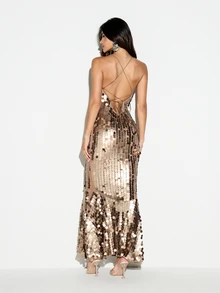 KIZN Large Disc Paillette Sequin Dress With Deep V-Neck Lace-Up Open Back And Mermaid Flared Hem For Party NYE - Gold - View 3