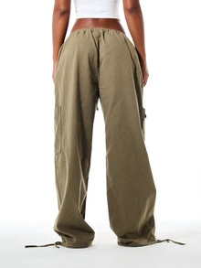 SUMWON Wide Leg Cargo Pants With Elastic Drawstring Waist Ankle Tie Detail And Side Cargo Pockets In Washed Olive - Army Green - View 2