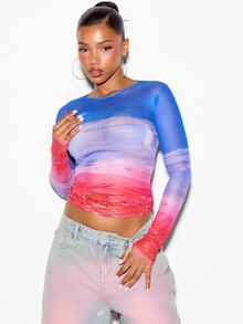 SUMWON WOMEN Sheer Mesh Long Sleeve Crop Top With Scenic Sunset Landscape Photographic Print Ruched Hem And Crew Neck - Multicolor - View 1