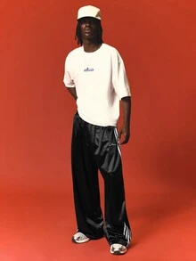 SUMWON Wide Leg Satin Track Pants With Triple Side Stripe Detail And Script Logo Embroidery Elastic Waist Relaxed Fit - Black - View 3