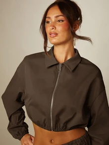 MISSGUIDED 短版拉鍊外套，彈性下擺、領口領口設計與泡泡袖，秋季休閒外套 - 棕色 - 查看 5