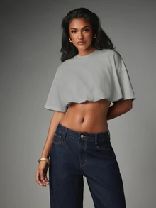 MISSGUIDED 寬鬆短版圓領短袖T恤，方正版型，適合春夏休閒日常穿著 - 淺灰色 - 查看 5