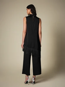 KSTM Sleeveless Satin Tunic Top With Cowl Neck Drape And Asymmetric Fringe Hem Detail For Evening Party Occasion - Black - View 2