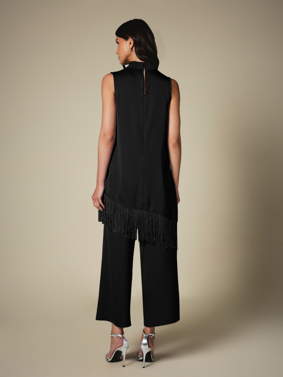 KSTM Sleeveless Satin Tunic Top With Cowl Neck Drape And Asymmetric Fringe Hem Detail For Evening Party Occasion