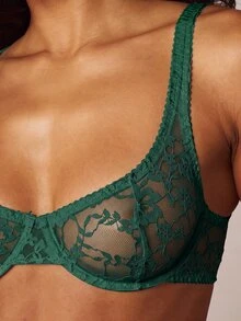 MISSGUIDED 花卉蕾絲鋼圈半罩式內衣，波浪飾邊與透視罩杯，優雅情人節內衣 - 墨綠色 - 查看 5