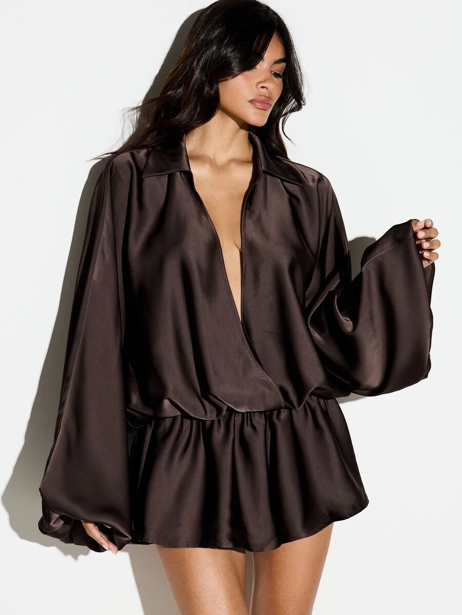 KIZN Satin Plunge Neck Romper With Bell Sleeves Deep V Neckline Elastic Waist Mini Shorts Jumpsuit Party Holiday Evening - Red - View 1