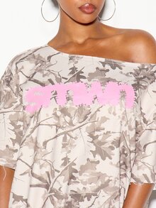 SUMWON WOMEN Oversized Camo Print Off-Shoulder T-Shirt Dress With Hot Pink Logo Chest Print Short Sleeve Mini Length Summer Festival Style - Khaki - View 2