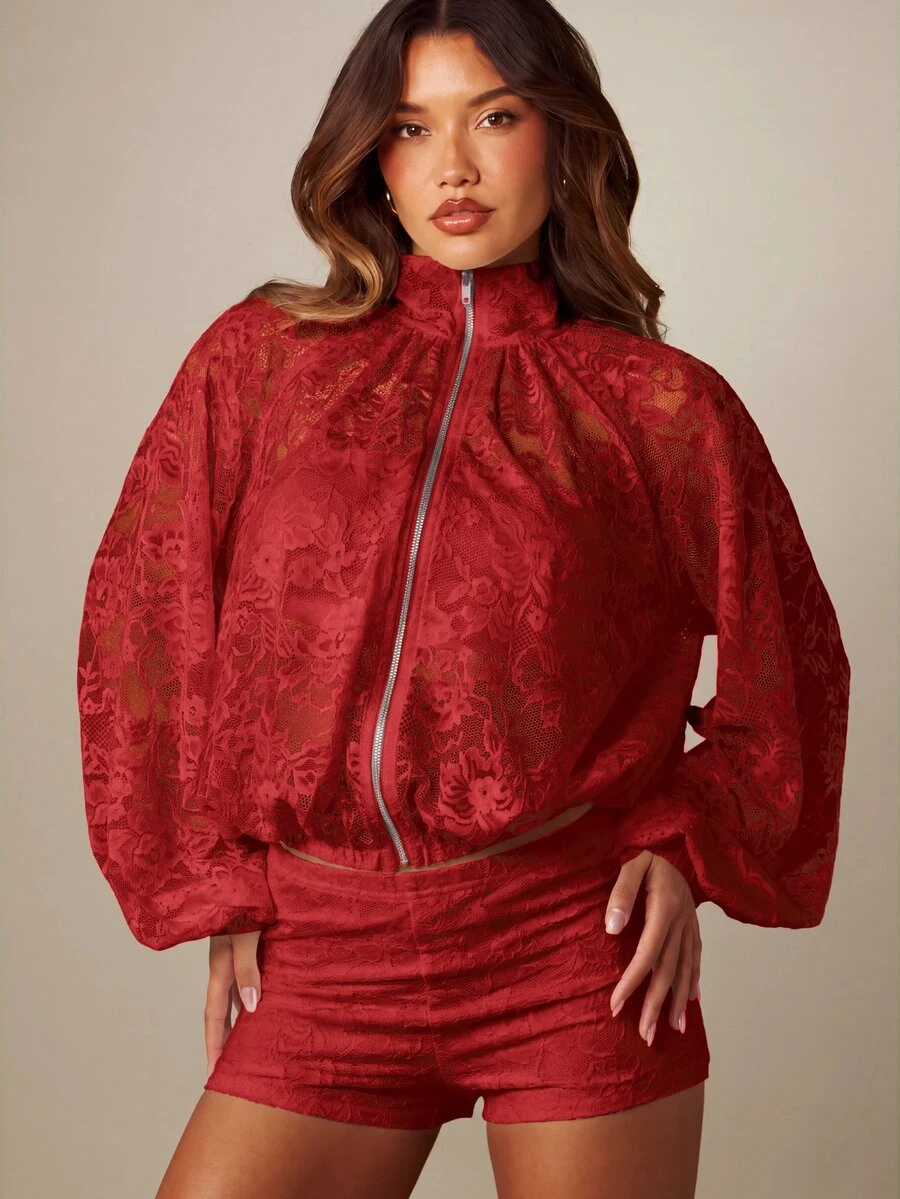MISSGUIDED 花卉蕾絲拉鍊短版夾克,假領、泡泡袖、彈性下擺,附短褲,情人節節日派對外套 - 紅色 - 查看 1