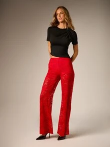 AiiRZ Floral Lace Bell Bottom Flared Pants High Rise Semi Sheer Full Length Party Night Out Holiday Season Statement Trousers - Red - View 5