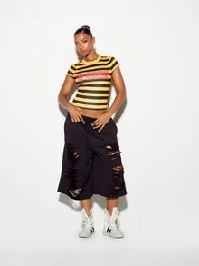 SUMWON WOMEN Six Degrees Of Slogan Crop Top Striped Cap Sleeve Crew Neck Fitted Slim Fit Tee Summer Festival Style - Yellow - View 3