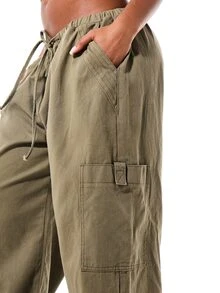 SUMWON Wide Leg Cargo Pants With Elastic Drawstring Waist Ankle Tie Detail And Side Cargo Pockets In Washed Olive - Army Green - View 5