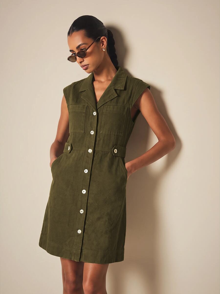 KSTM Safari Style Sleeveless Button Down Mini Dress With Notched Collar Utility Pockets And Cap Shoulders For Summer Vacation - Army Green - View 1