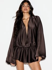 KIZN Satin Plunge Neck Romper With Bell Sleeves Deep V Neckline Elastic Waist Mini Shorts Jumpsuit Party Holiday Evening - Red - View 5