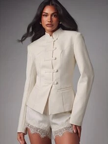 MISSGUIDED Mandarin Collar Blazer Jacket With Frog Button Closure Structured Tailored Fit Long Sleeve Woven Fall Winter Party Event - Cream - View 1