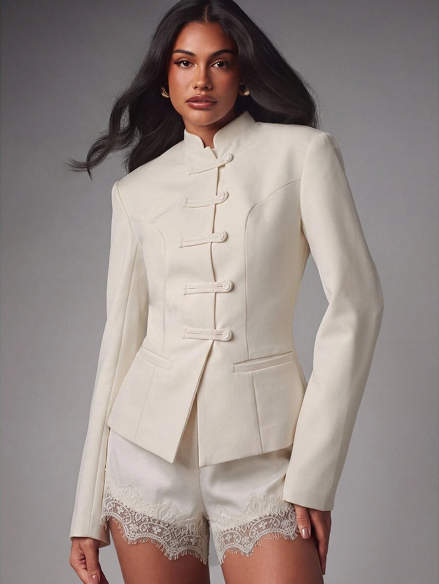 MISSGUIDED Mandarin Collar Blazer Jacket With Frog Button Closure Structured Tailored Fit Long Sleeve Woven Fall Winter Party Event - Cream - View 1