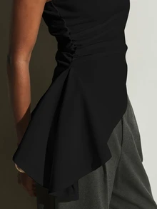 KSTM One Shoulder Asymmetric Ruched Top With Draped Peplum Hem Party Night Out Spring Summer Occasion Wear - Black - View 4