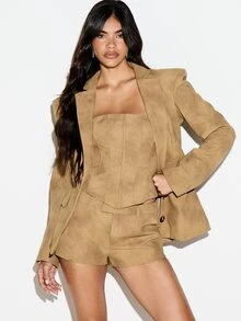 KIZN Faux Suede Strapless Corset Crop Top With Lace-Up Back Boning Panels Summer Festival Night Out Party Style - Khaki - View 5