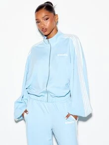 SUMWON WOMEN Crop Fit Oversized Track Top Full Zip Long Sleeve With White Stripe Detail And Logo Print Retro Style Casual Jacket - Blue - View 1