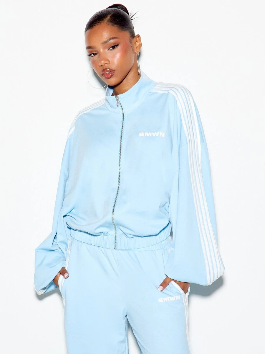 SUMWON WOMEN Crop Fit Oversized Track Top Full Zip Long Sleeve With White Stripe Detail And Logo Print Retro Style Casual Jacket - Blue - View 1