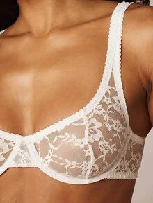 MISSGUIDED 透視花卉蕾絲鋼圈式半罩式內衣，圓領設計，波浪邊飾，後扣式開合，新娘日常內著 - 白色 - 查看 5