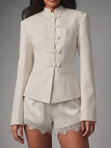 MISSGUIDED Mandarin Collar Blazer Jacket With Frog Button Closure Structured Tailored Fit Long Sleeve Woven Fall Winter Party Event - Cream - View 2