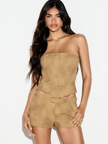 KIZN Faux Suede Strapless Corset Crop Top With Lace-Up Back Boning Panels Summer Festival Night Out Party Style - Khaki - View 1