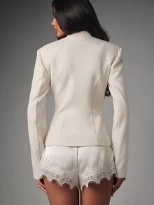 MISSGUIDED Mandarin Collar Blazer Jacket With Frog Button Closure Structured Tailored Fit Long Sleeve Woven Fall Winter Party Event - Cream - View 5