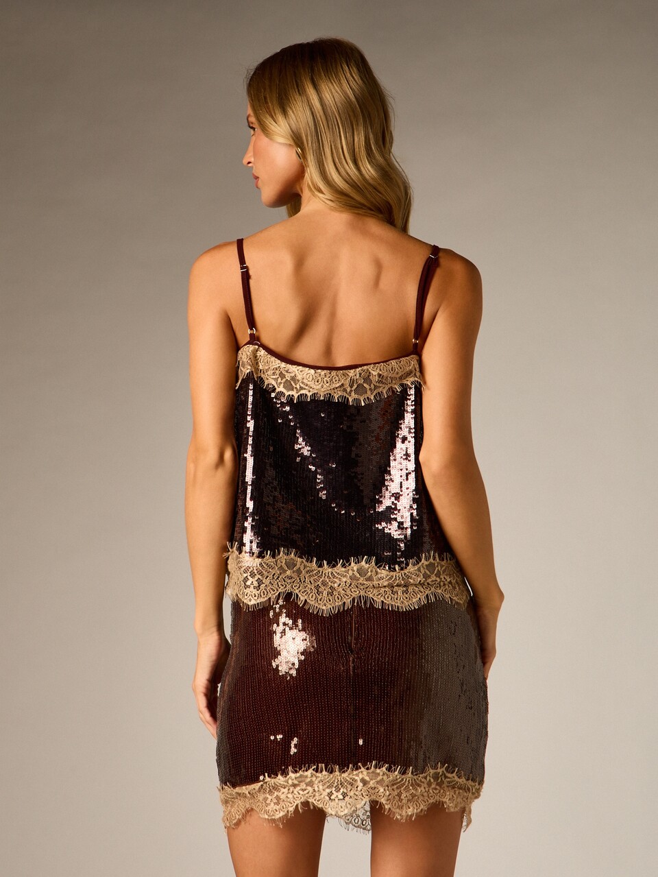 AiiRZ Sequin Cami Top With Lace Trim