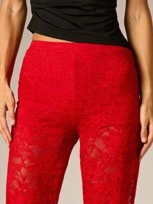 AiiRZ Floral Lace Bell Bottom Flared Pants High Rise Semi Sheer Full Length Party Night Out Holiday Season Statement Trousers - Red - View 4