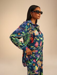 Dancing Leopard Green And Blue Tropical Relaxed Fit Shirt, Holiday/Vacation Wear - Multicolor - View 4