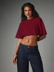 MISSGUIDED Oversized Crop Top With Round Neck And Short Sleeves - Midriff Baring Boxy Fit Casual Cropped Tee For Spring Summer - Burgundy - View 5