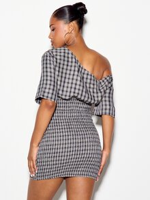 SUMWON WOMEN Checked Plaid One-Shoulder Mini Dress With Varsity 88 Applique And Smocked Waist - Casual Party Summer Festival Style - Multicolor - View 5