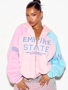 SUMWON WOMEN Empire State Varsity Full-Zip Oversized Hoodie With Color Block Design And Collegiate Graphic Front Print - Multicolor - View 4