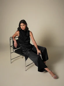 KSTM Sleeveless Satin Tunic Top With Cowl Neck Drape And Asymmetric Fringe Hem Detail For Evening Party Occasion - Black - View 8