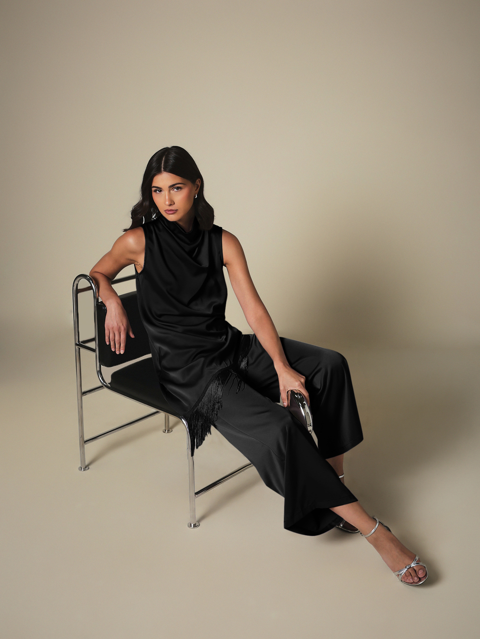 KSTM Sleeveless Satin Tunic Top With Cowl Neck Drape And Asymmetric Fringe Hem Detail For Evening Party Occasion