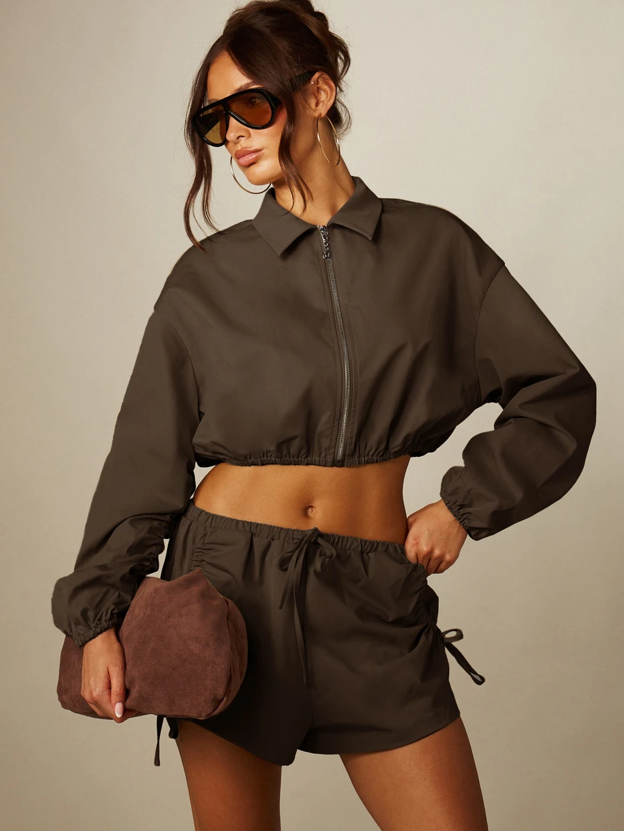 MISSGUIDED 短版拉鍊外套,彈性下擺、領口領口設計與泡泡袖,秋季休閒外套 - 棕色 - 查看 1