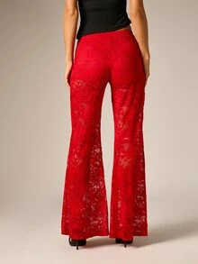 AiiRZ Floral Lace Bell Bottom Flared Pants High Rise Semi Sheer Full Length Party Night Out Holiday Season Statement Trousers - Red - View 2