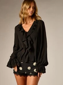 AiiRZ Elegant V-Neck Ruffle Blouse With Long Balloon Sleeves And Tiered Cuff Trim Perfect For Holiday Party Nights - Black - View 1