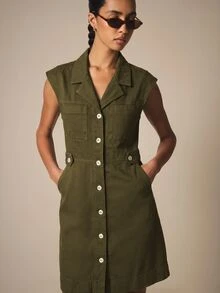 KSTM Safari Style Sleeveless Button Down Mini Dress With Notched Collar Utility Pockets And Cap Shoulders For Summer Vacation - Army Green - View 6