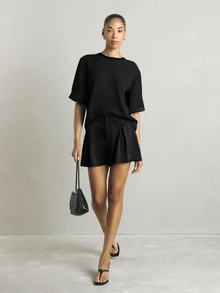 KSTM Pleated High Waist Tailored Shorts With Wide Leg Silhouette And Belt Loop Detail For Summer Holiday Vacation - Black - View 3