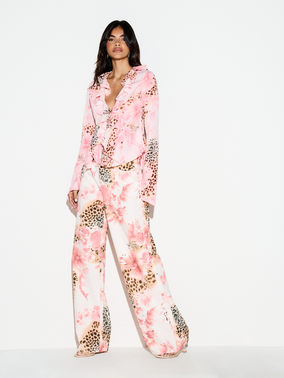 KIZN Wide Leg Pants With Floral And Leopard Print
