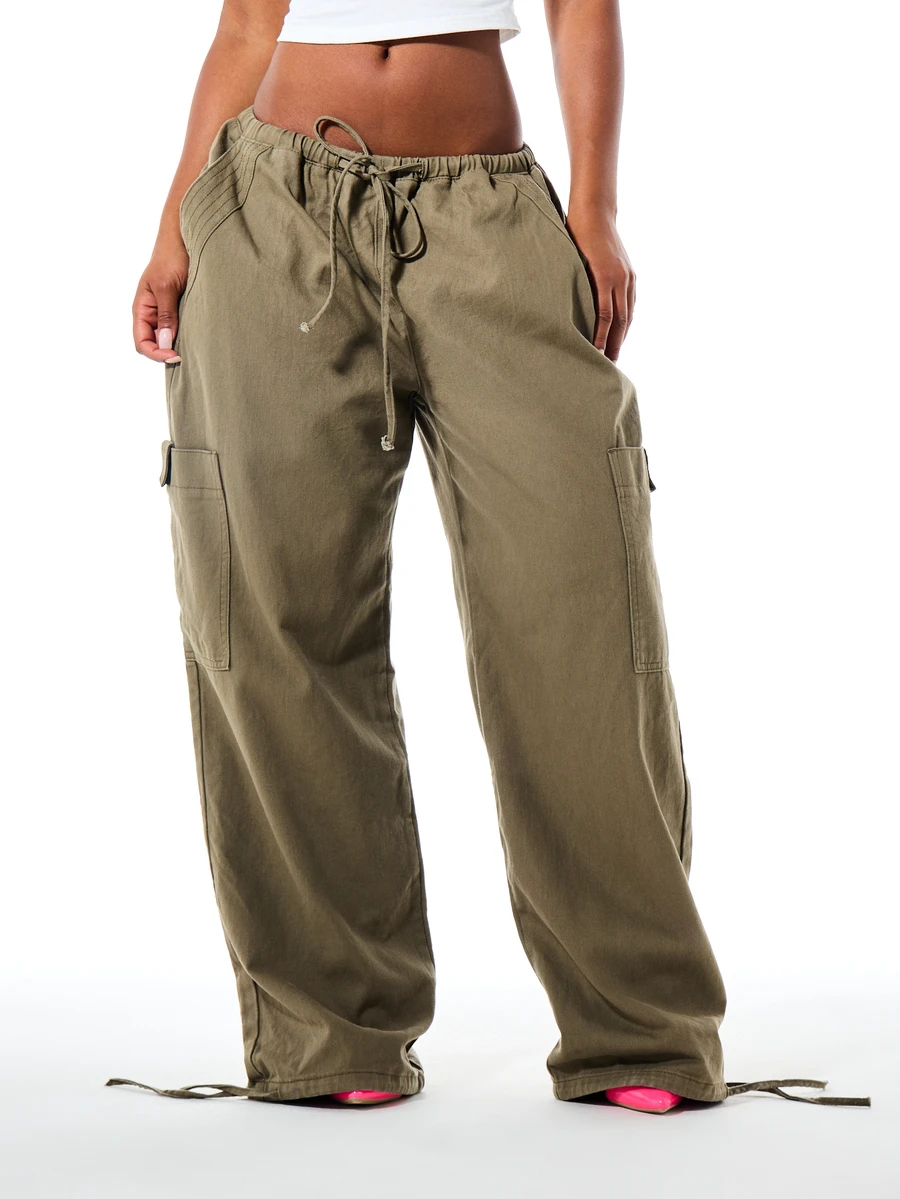SUMWON Wide Leg Cargo Pants With Elastic Drawstring Waist Ankle Tie Detail And Side Cargo Pockets In Washed Olive - Army Green - View 1