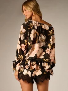 AiiRZ Floral Satin Mini Shorts With Black Lace Trim Hem And Ruffle Elastic Waistband Perfect For Summer Evenings And Festival Season - Multicolor - View 2