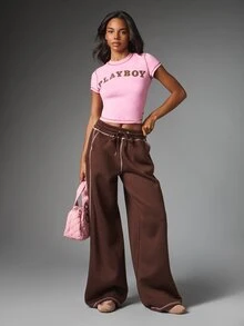 Missguided x Playboy Wide Leg Sweatpants With Contrast Stitching Bum Logo Print Drawstring Waist Casual Lounge Pants - Brown - View 3