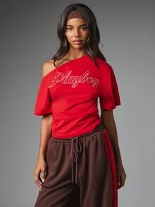 Missguided x Playboy Script Logo One Shoulder Red T-Shirt Off Shoulder Asymmetric Neckline Short Sleeve Casual Summer Top - Red - View 5