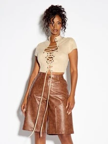 SUMWON WOMEN Atasan Crop Top Bertali Depan Bahan Suede Imitasi dengan Lubang Logam, Kerah Tinggi, Lengan Pendek, Gaya Korset untuk Acara Festival Musim Panas Malam Hari - Aprikot - View 4